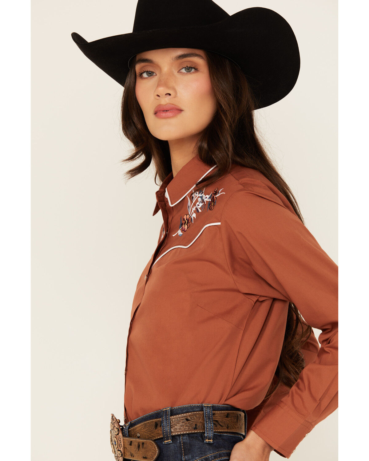 Image #3 - Ely Walker Women's Floral Embroidered Long Sleeve Pearl Snap Western Shirt, Rust Copper, hi-res