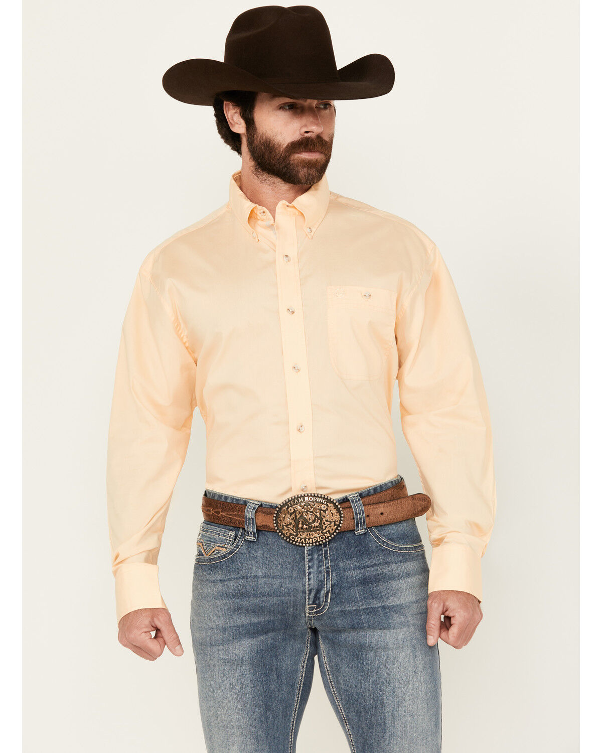 Image #1 - George Strait by Wrangler Men's Solid Long Sleeve Button-Down Stretch Western Shirt, Yellow, hi-res