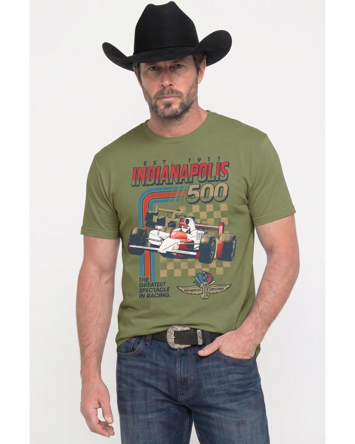 Image #1 - Americana Men's Indy 500 Stripes Short Sleeve Graphic T-Shirt, Olive, hi-res