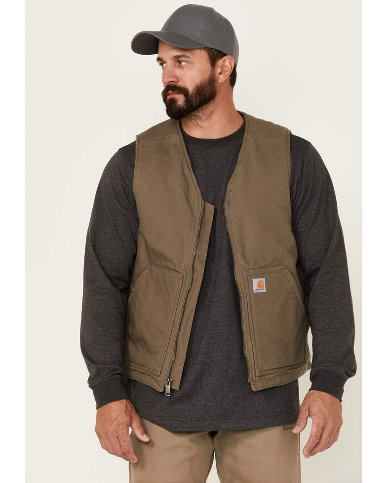 Carhartt Men's Dark Brown Washed Duck Sherpa Lined Vest, Brown, hi-res