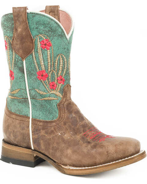 Roper Girls' Cactus Cutie Burnished Brown/Turquoise Cowgirl Boots - Square Toe, Brown, hi-res