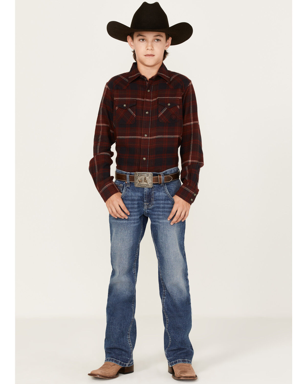 Image #2 - Ariat Boys' Retro Heather Plaid Print Long Sleeve Snap Shirt, Red, hi-res