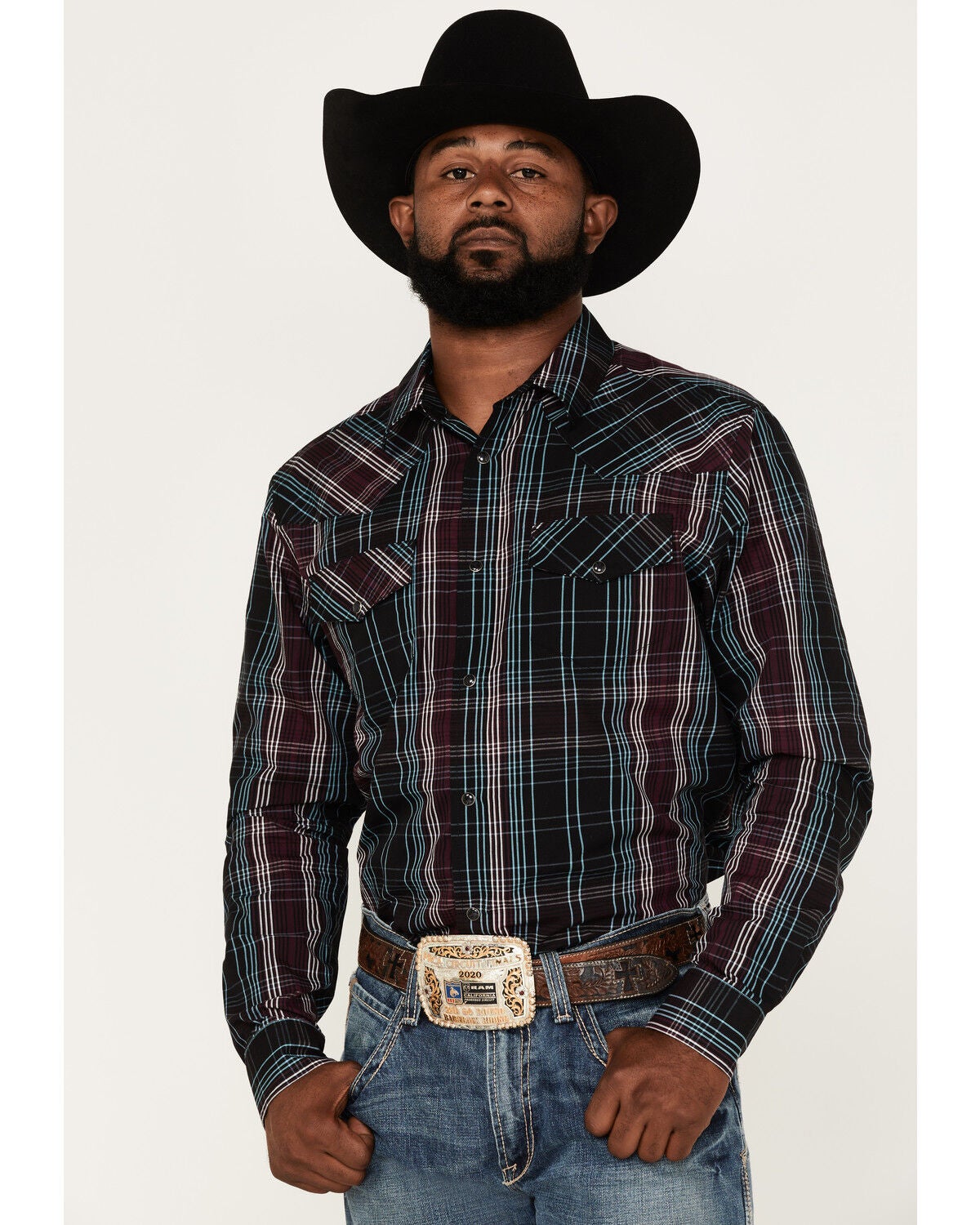 Gibson Men's Purple Hazed Plaid Snap Western Shirt, Purple, hi-res