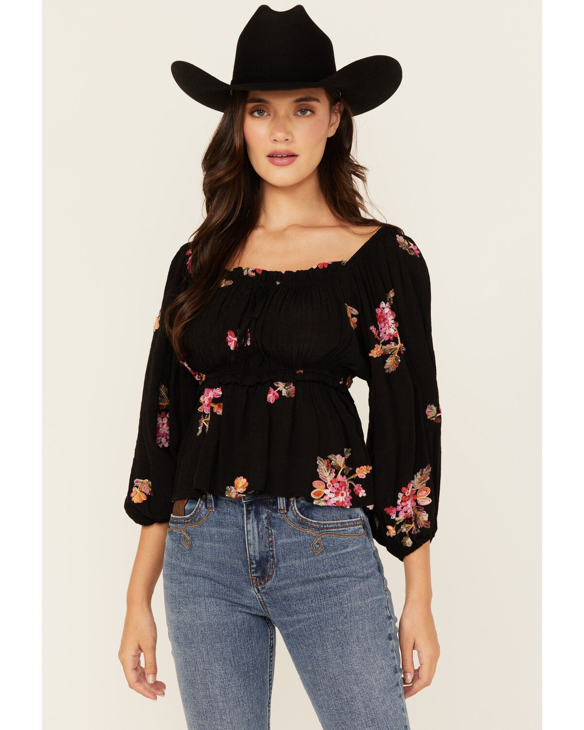 Image #1 - Wild Moss Women's Floral Embroidered 3/4 Sleeve Top, Black, hi-res