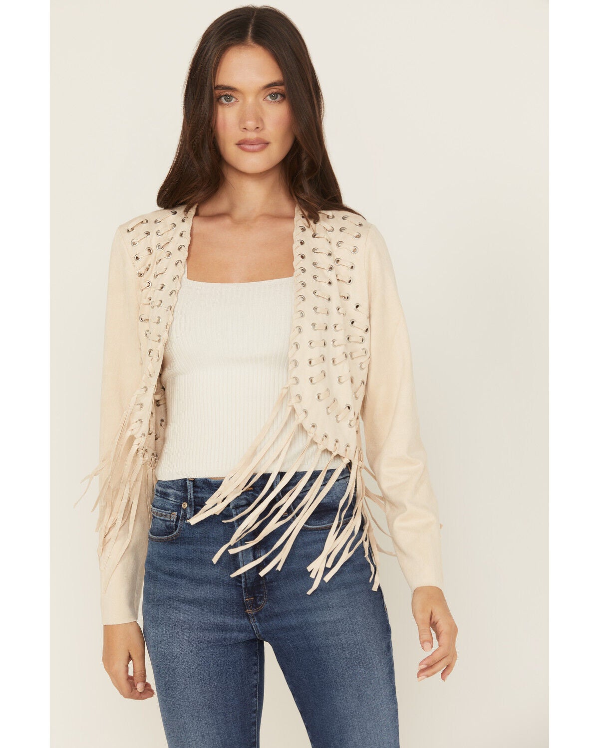 Vocal Women's Fringe Cropped Jacket, Natural, hi-res