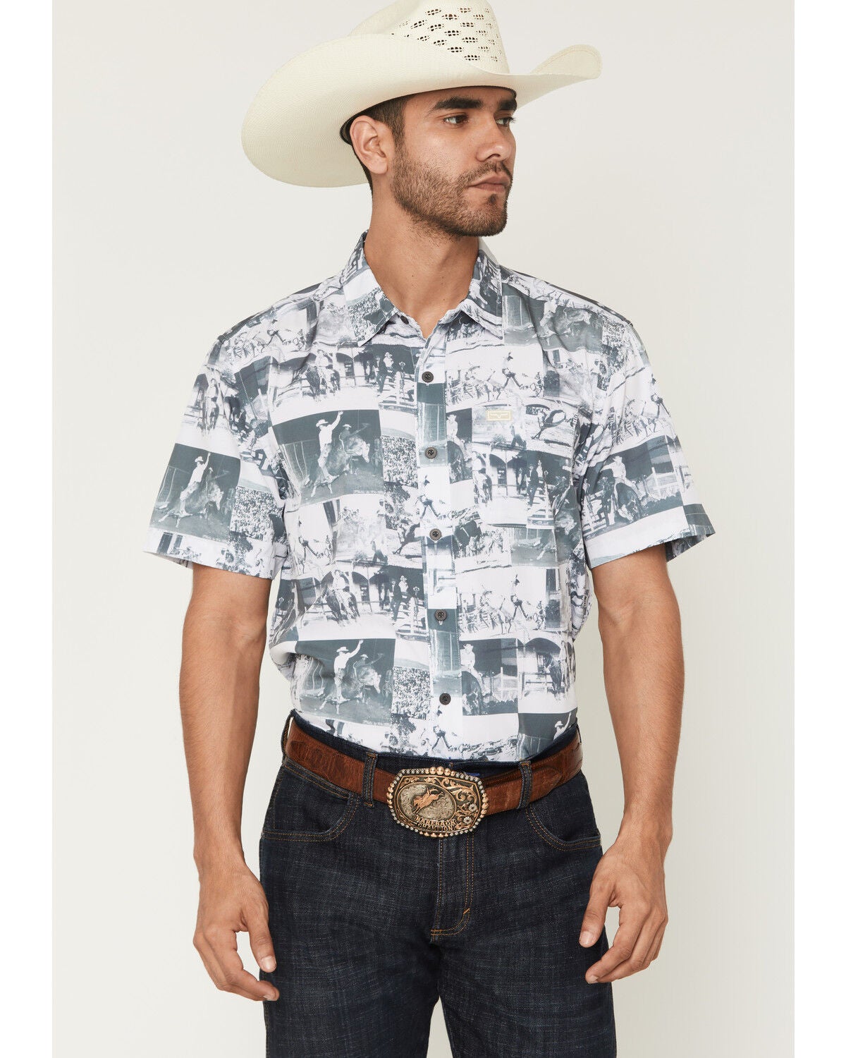Kimes Ranch Men's Dunn Cowboy Print Short Sleeve Button-Down Stretch Western Shirt, White, hi-res