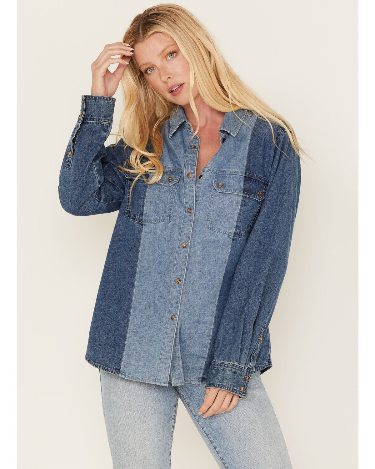 Image #1 - Cleo + Wolf Women's Montana Avenue Two Tone Long Sleeve Denim Snap Shirt, Medium Wash, hi-res