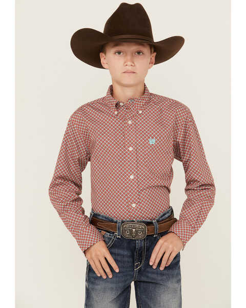 Cinch Boys' Geo Print Long Sleeve Button-Down Western Shirt , Red, hi-res