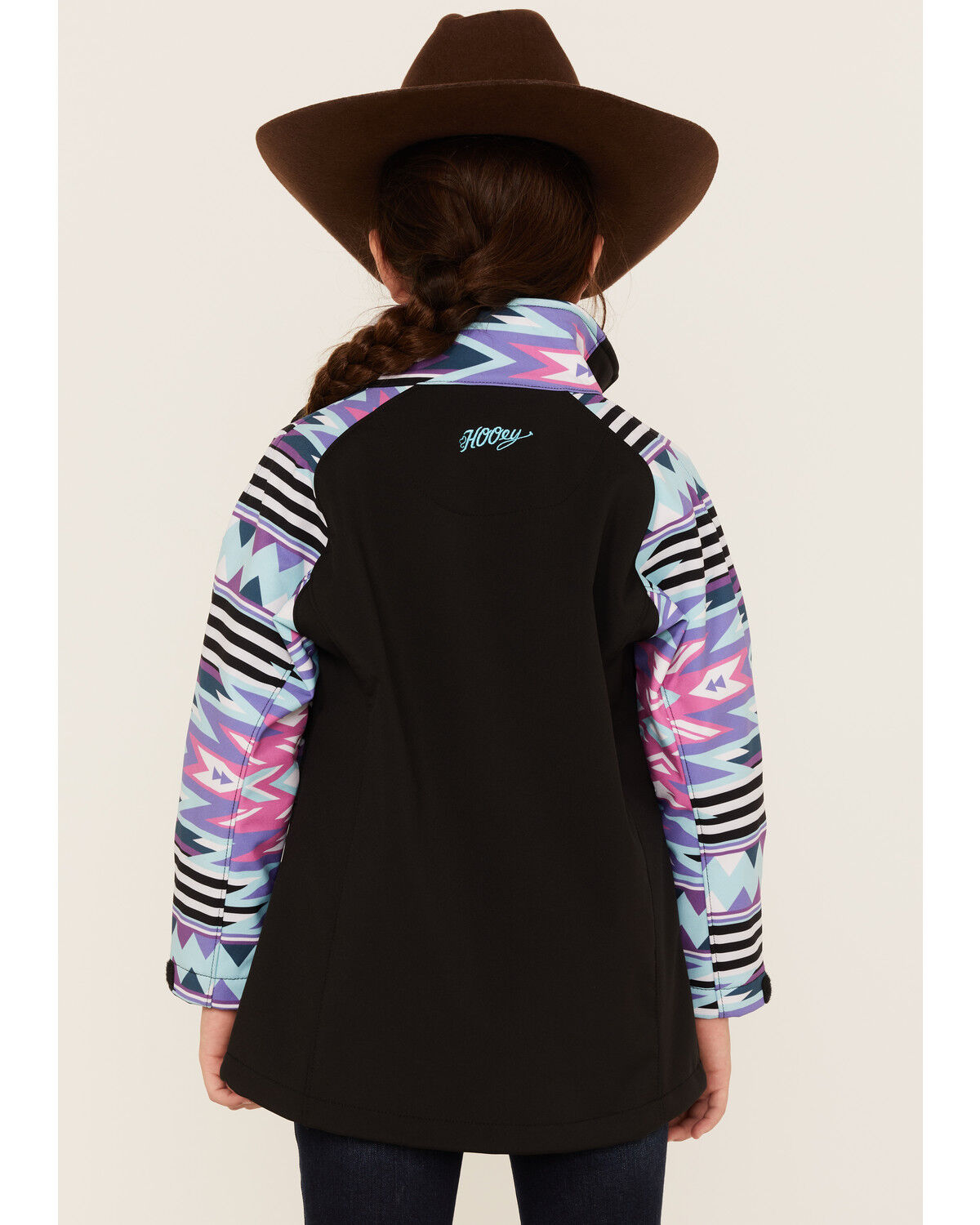 Image #4 - Hooey Girls' Southwestern Print Sleeve Zip-Front Softshell Jacket, Black, hi-res