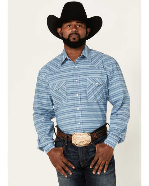 Image #1 - Rough Stock By Panhandle Men's Horizontal Dobby Stripe Long Sleeve Pearl Snap Western Shirt , Blue, hi-res