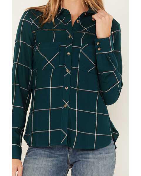 Image #3 - Shyanne Women's Plaid Print Long Sleeve Button-Down Western Shirt, Deep Teal, hi-res