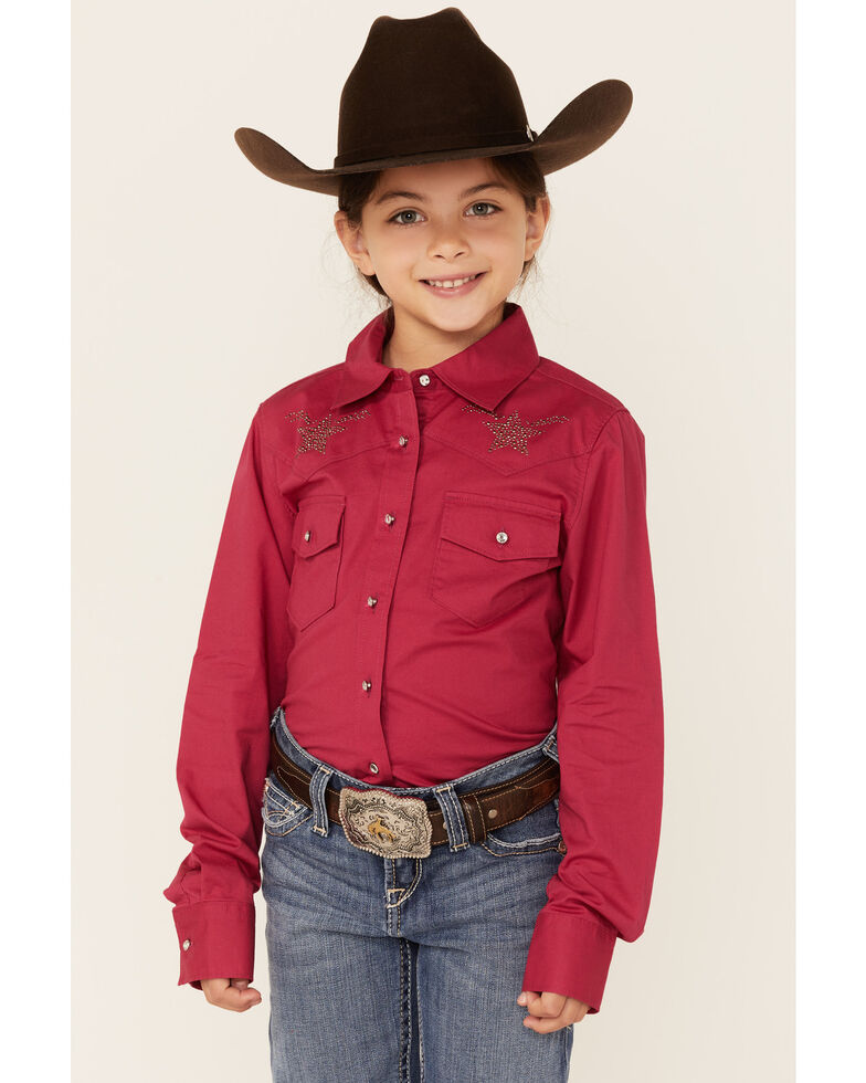 Shyanne Girls' Star Embroidery Long Sleeve Western Shirt, Fuchsia, hi-res