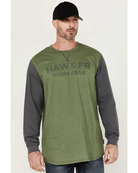 Image #1 - Hawx Men's FR Color Block Long Sleeve Graphic Work T-Shirt , Green, hi-res