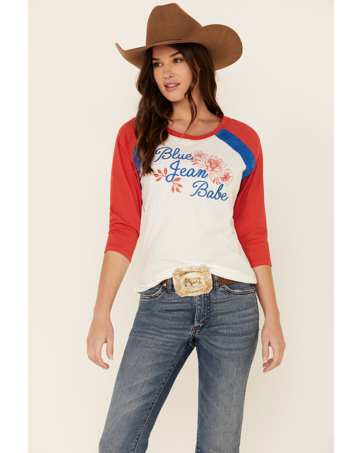 Image #1 - Cruel Girl Women's Jean Baby Graphic Ringer Tee, Red/white/blue, hi-res
