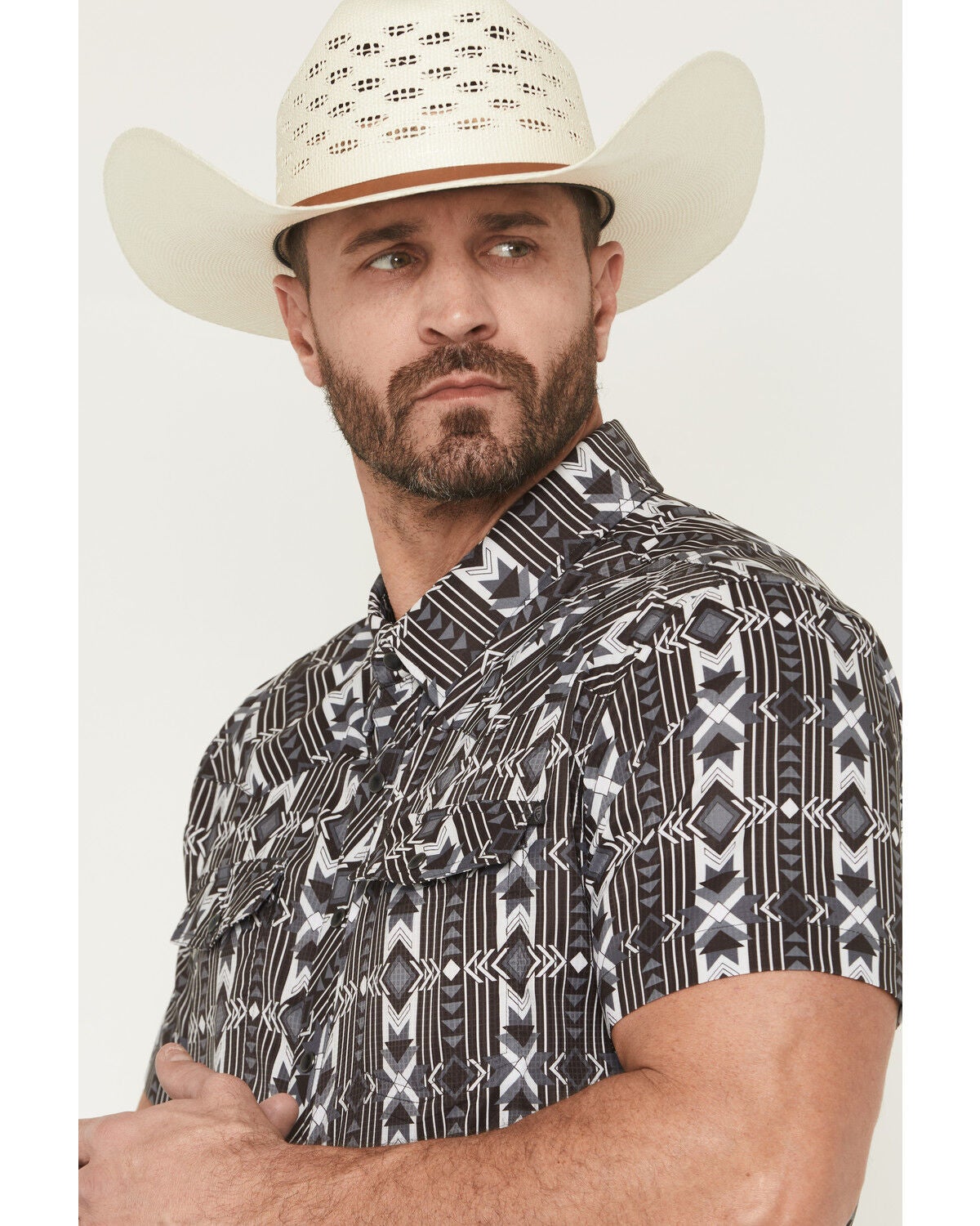 Image #2 - Rock & Roll Denim Men's Southwestern Print Short Sleeve Snap Stretch Western Shirt, Black, hi-res