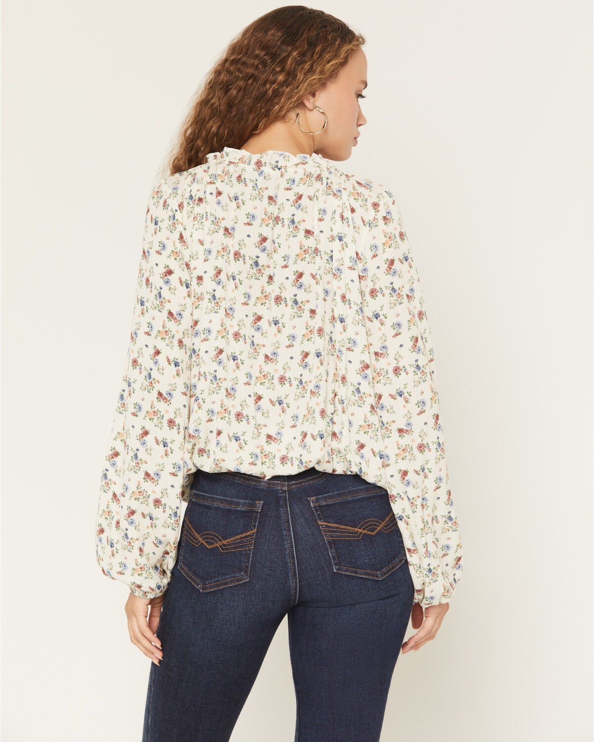 Image #4 - Wild Moss Women's Floral Print Long Sleeve Elastic Hem Peasant Top, Ivory, hi-res