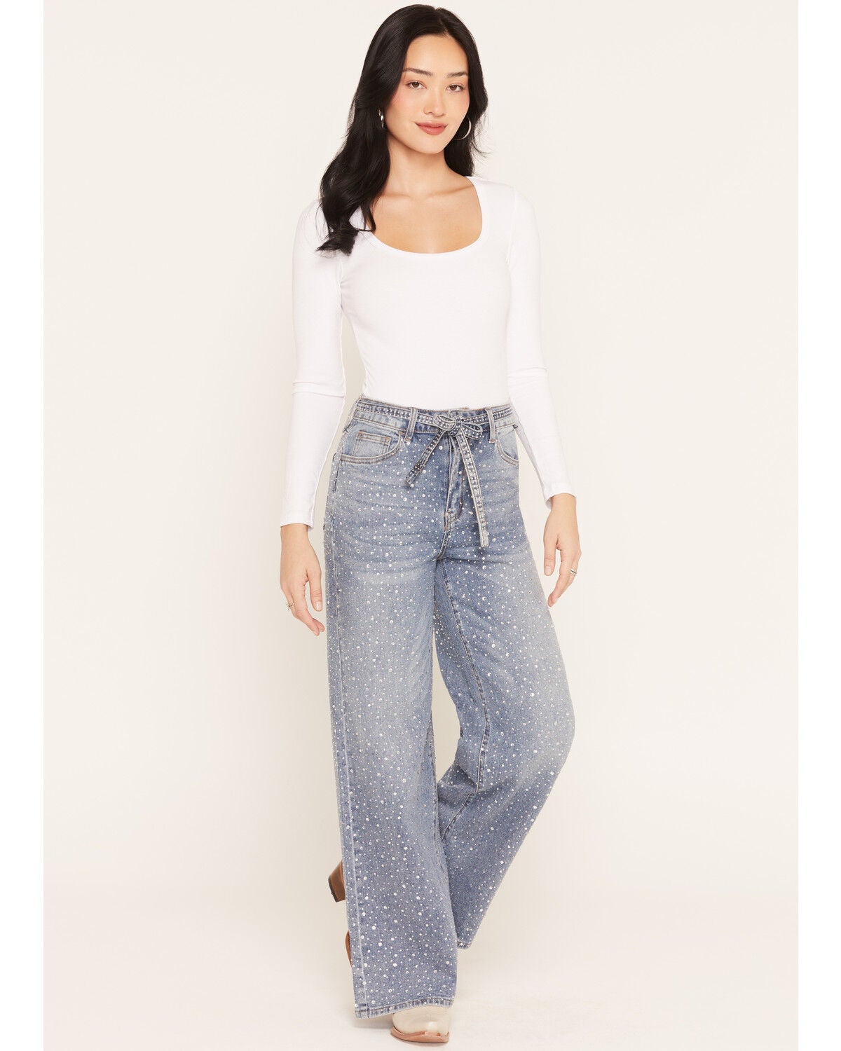 Cello Women's Medium Wash High Rise Rhinestone Embellished Wide Stretch Denim Jeans, Medium Wash, hi-res