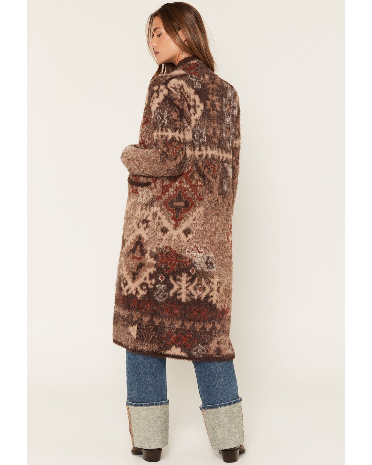 Image #4 - Shyanne Women's Southwestern Print Eyelash Yarn Duster, Cognac, hi-res