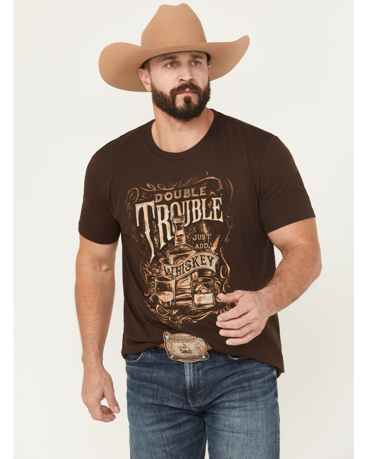 Image #1 - Cody James Men's Double Trouble Whiskey Short Sleeve Graphic T-Shirt, Dark Brown, hi-res