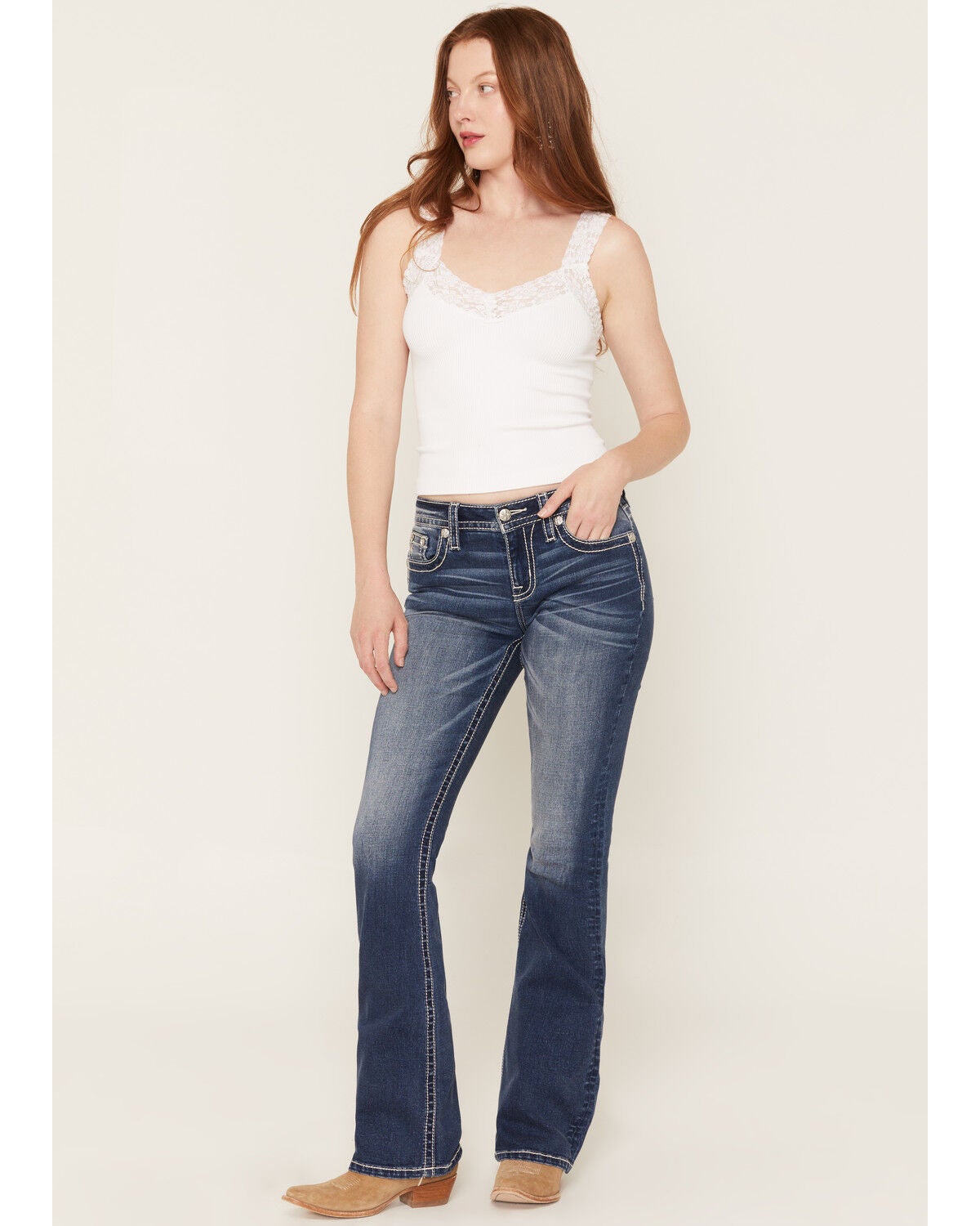 Image #3 - Miss Me Women's Dark Wash Americana Fleur de Lis Bootcut Stretch Denim Jeans, Dark Wash, hi-res