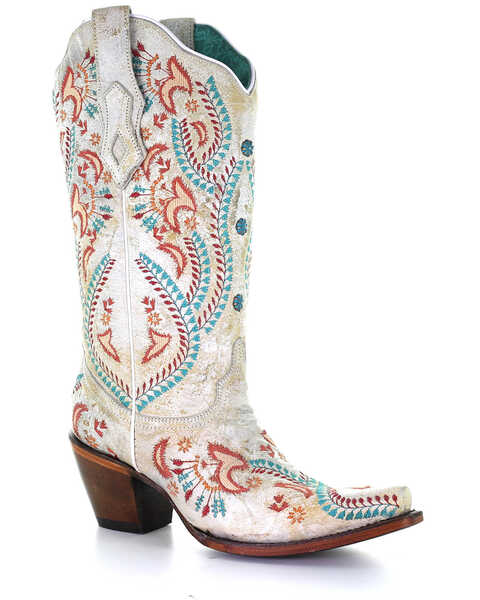 Corral Women's Turquoise Embroidery With Studs Western Boots - Snip Toe, White, hi-res