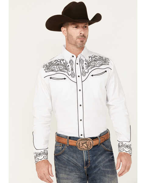 Rodeo Clothing Men's Embroidered Long Sleeve Snap Western Shirt, White, hi-res