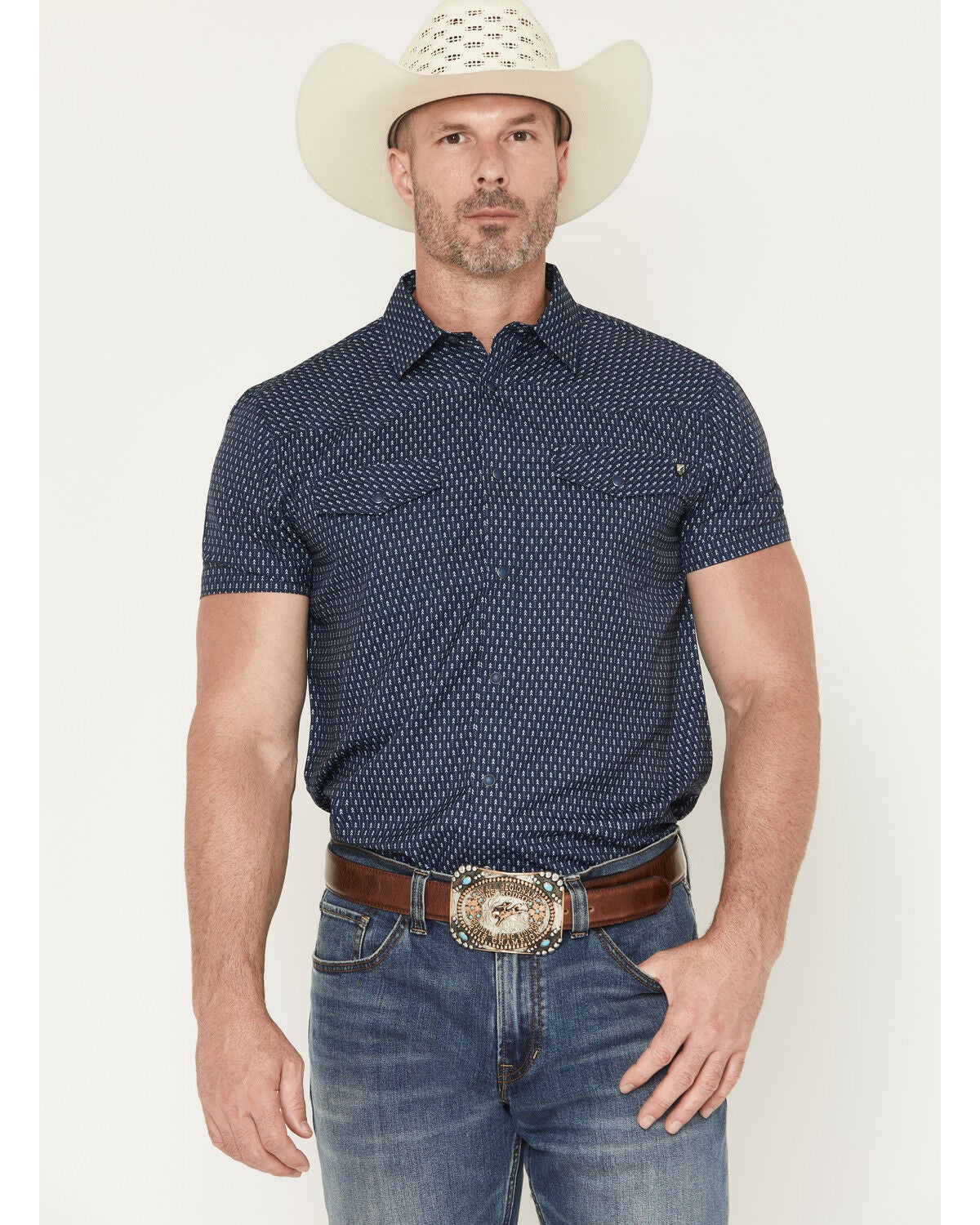 RANK 45&reg; Men's Wind River Geo Print Short Sleeve Snap Performance Western Shirt, Navy, hi-res