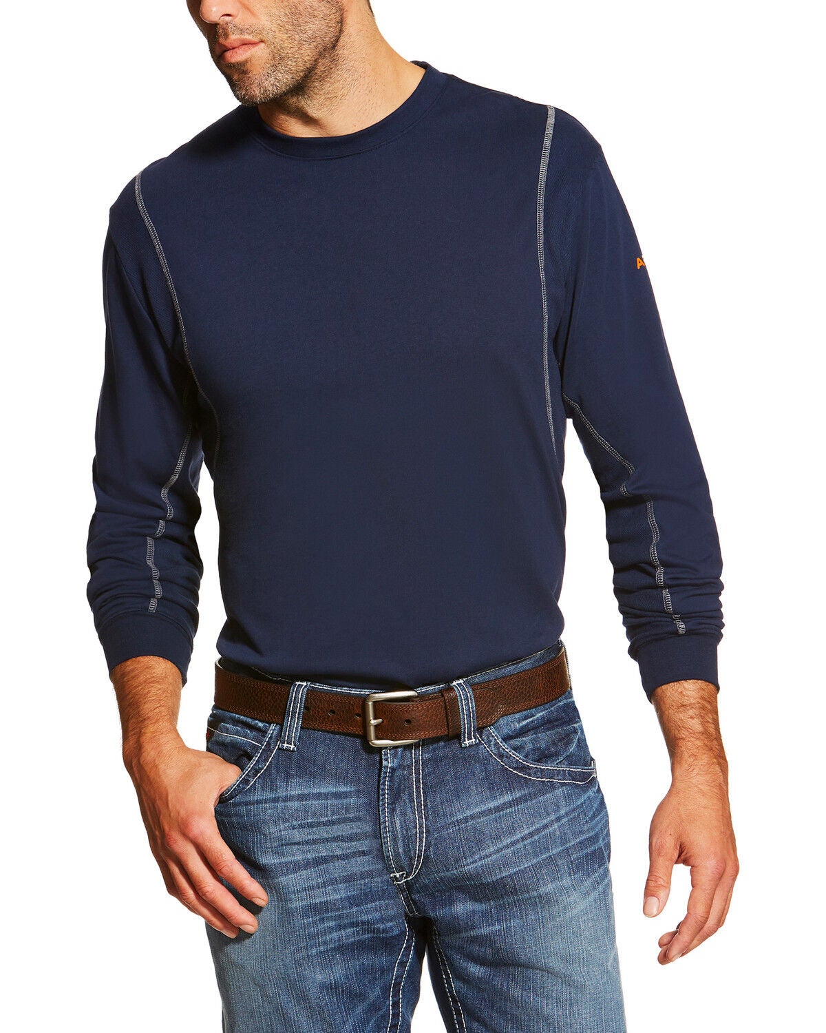 Ariat Men's FR Crew Neck Long Sleeve T-Shirt - Tall, Navy, hi-res