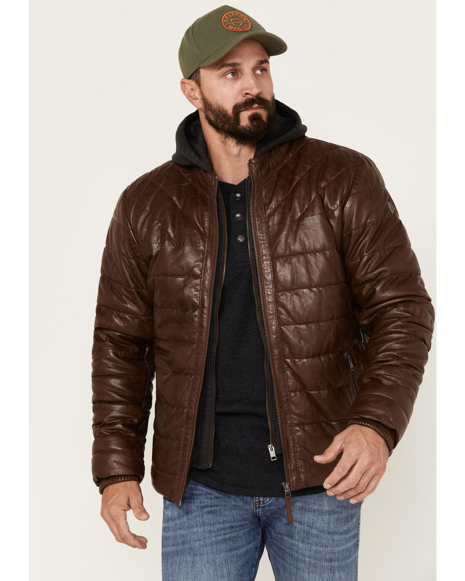 Leather puffer jacket mens clearance