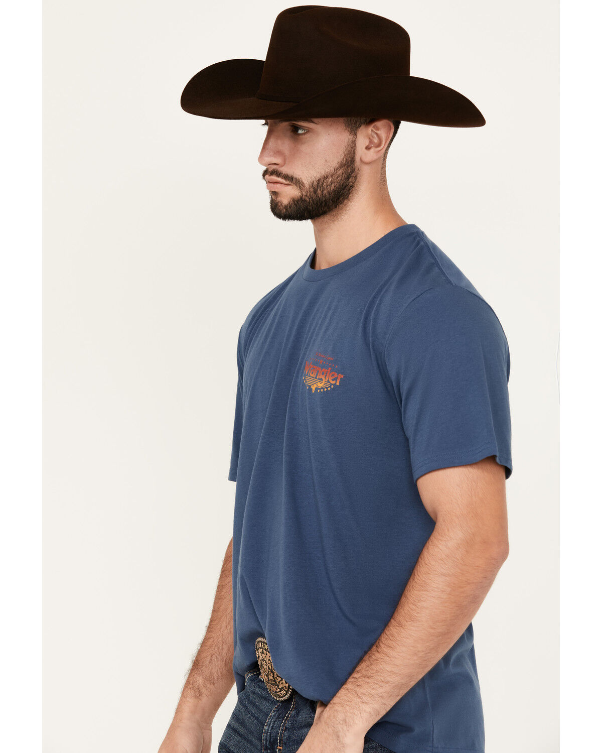 Image #2 - Wrangler Men's Boot Barn Exclusive Ombre Logo Short Sleeve Graphic T-Shirt, Indigo, hi-res