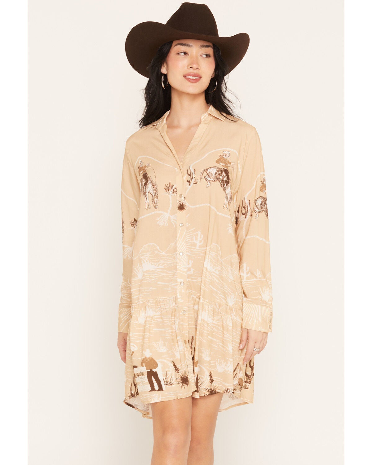 Lovlei Ranch Women's Dakota Cowboy Up Snap Front Mini Dress, Tan, hi-res
