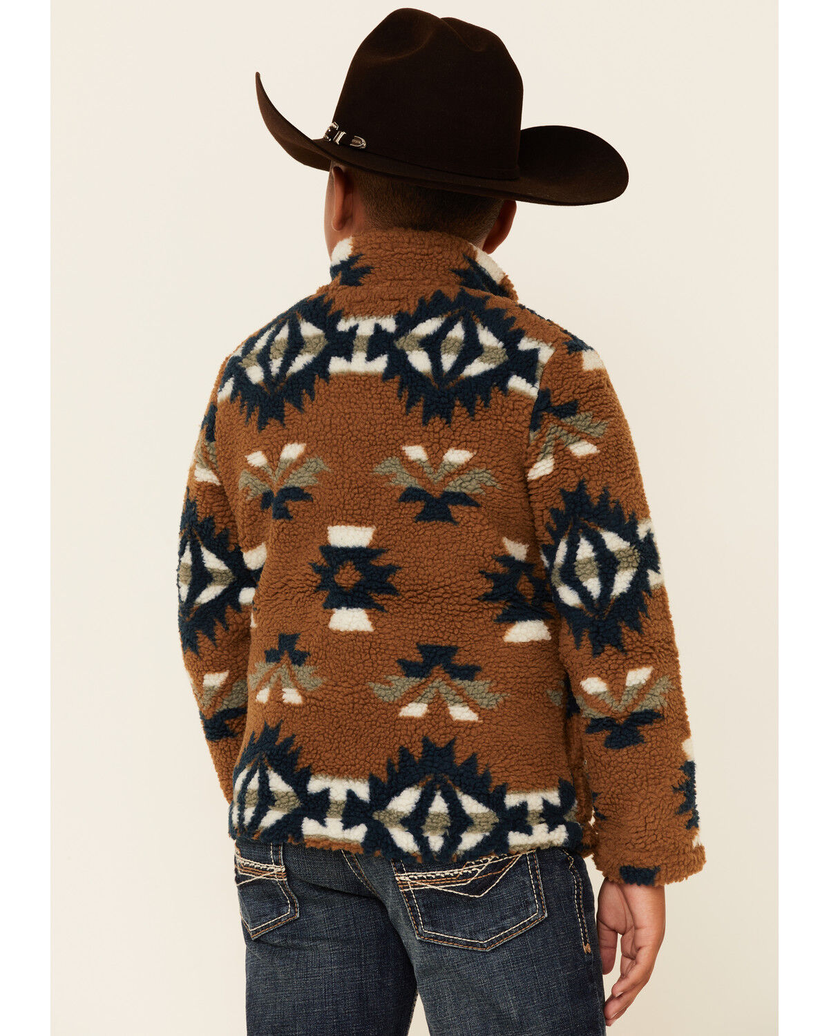 Image #4 - Wrangler Boys' Brown & Teal Southwestern Print 1/4 Zip Sherpa Pullover , , hi-res