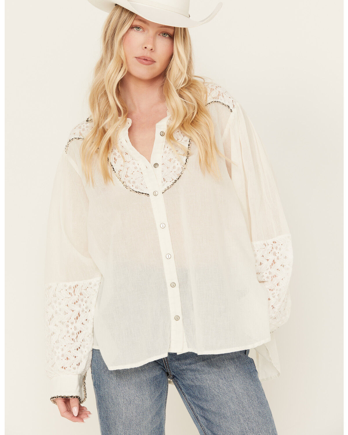 Image #1 - POL Women's Lace Yoke Long Sleeve Button Down Shirt, Ivory, hi-res