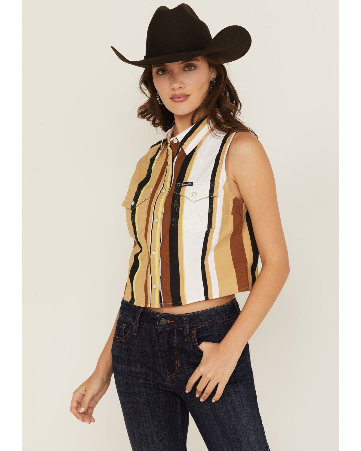 Wrangler Retro Women's Striped Print Sleeveless Snap Cropped Western Shirt, Tan, hi-res