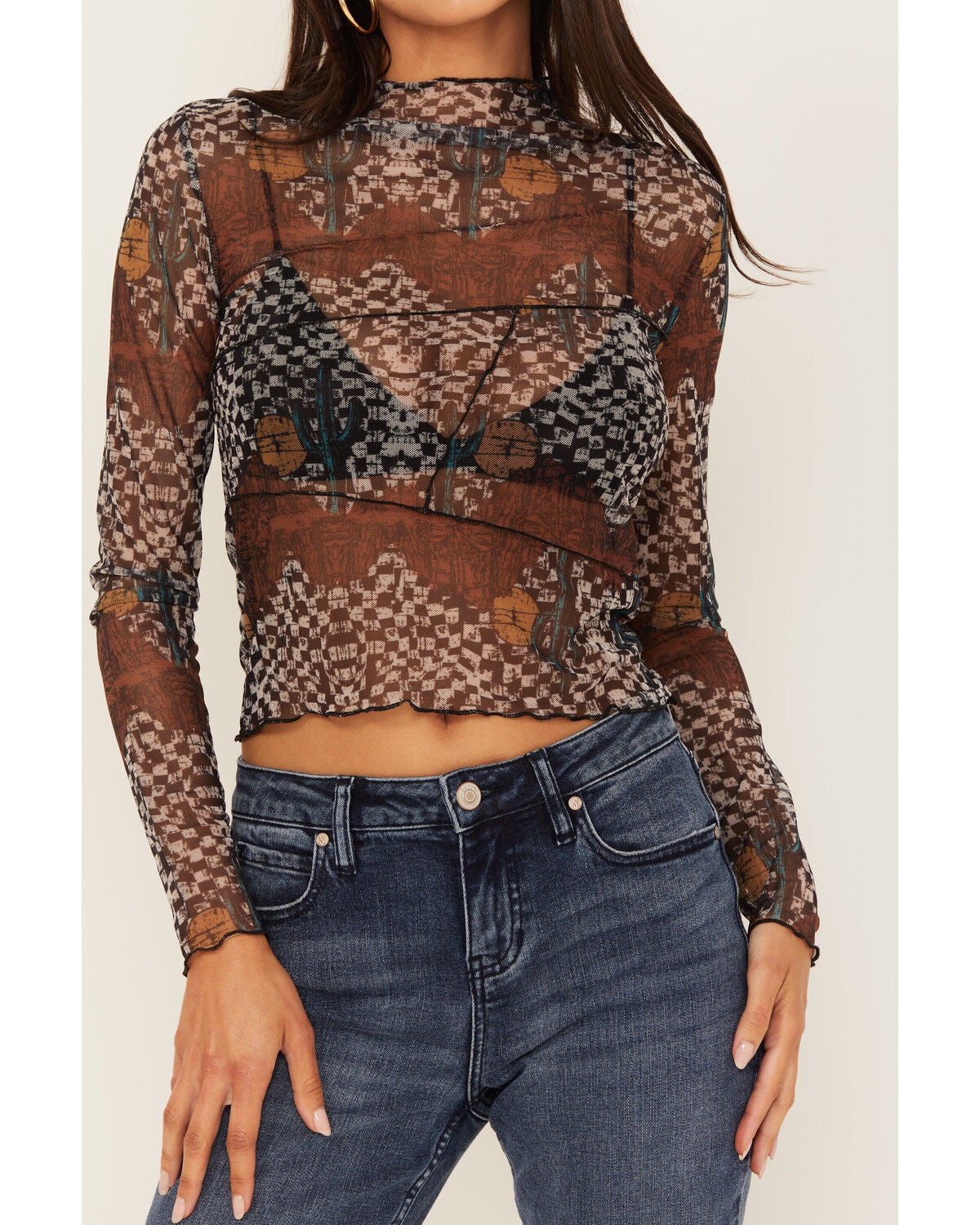 Image #3 - Rock & Roll Denim Women's Floral Check Print Mesh Long Sleeve Top, Multi, hi-res