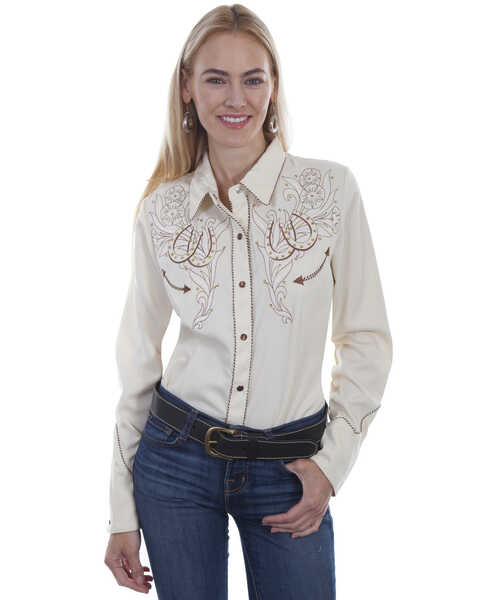 Western Scully Women's Horseshoe Long Sleeve Pearl Snap Western Shirt, Cream, hi-res