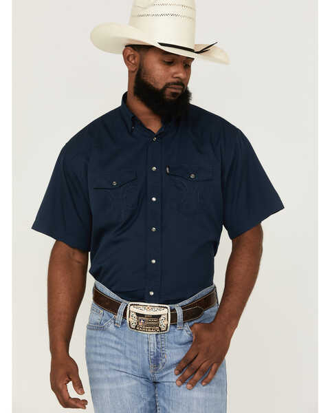 Hooey Men's Sol Solid Short Sleeve Pearl Snap Western Shirt , Navy, hi-res
