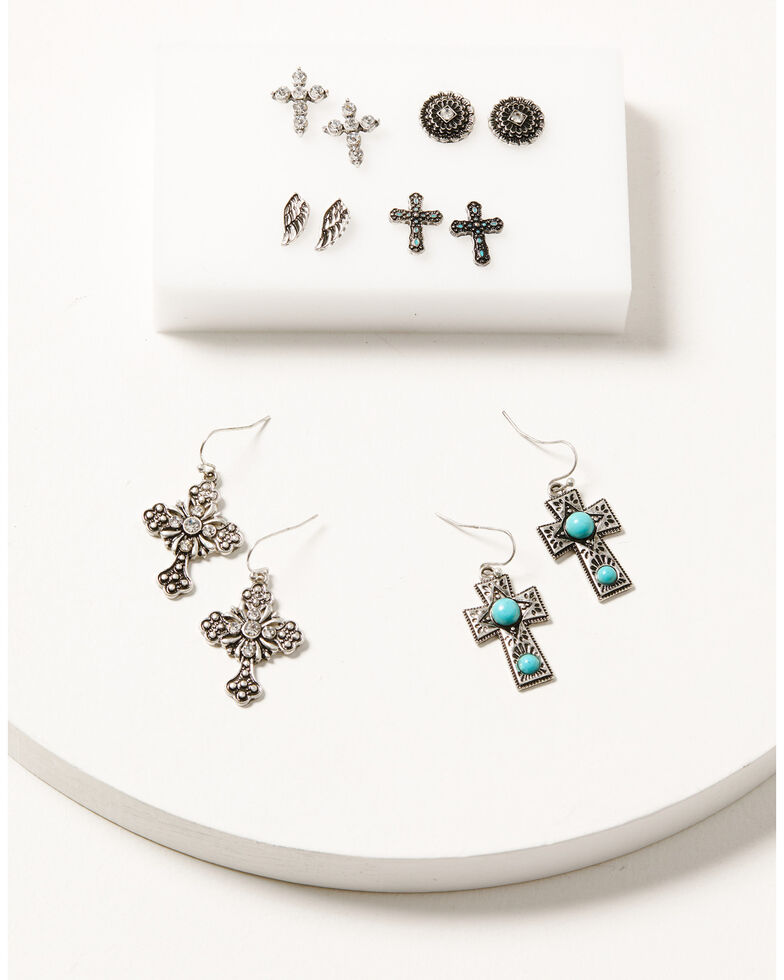Shyanne Women's Desert Wanderer Turquoise Cross 6-Piece Earrings Set, Silver, hi-res