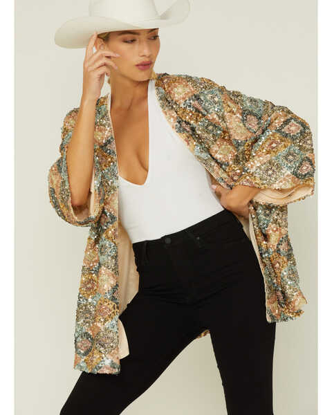 Image #2 - By Together Women's Long Sleeve Sequin Cardigan, Gold, hi-res