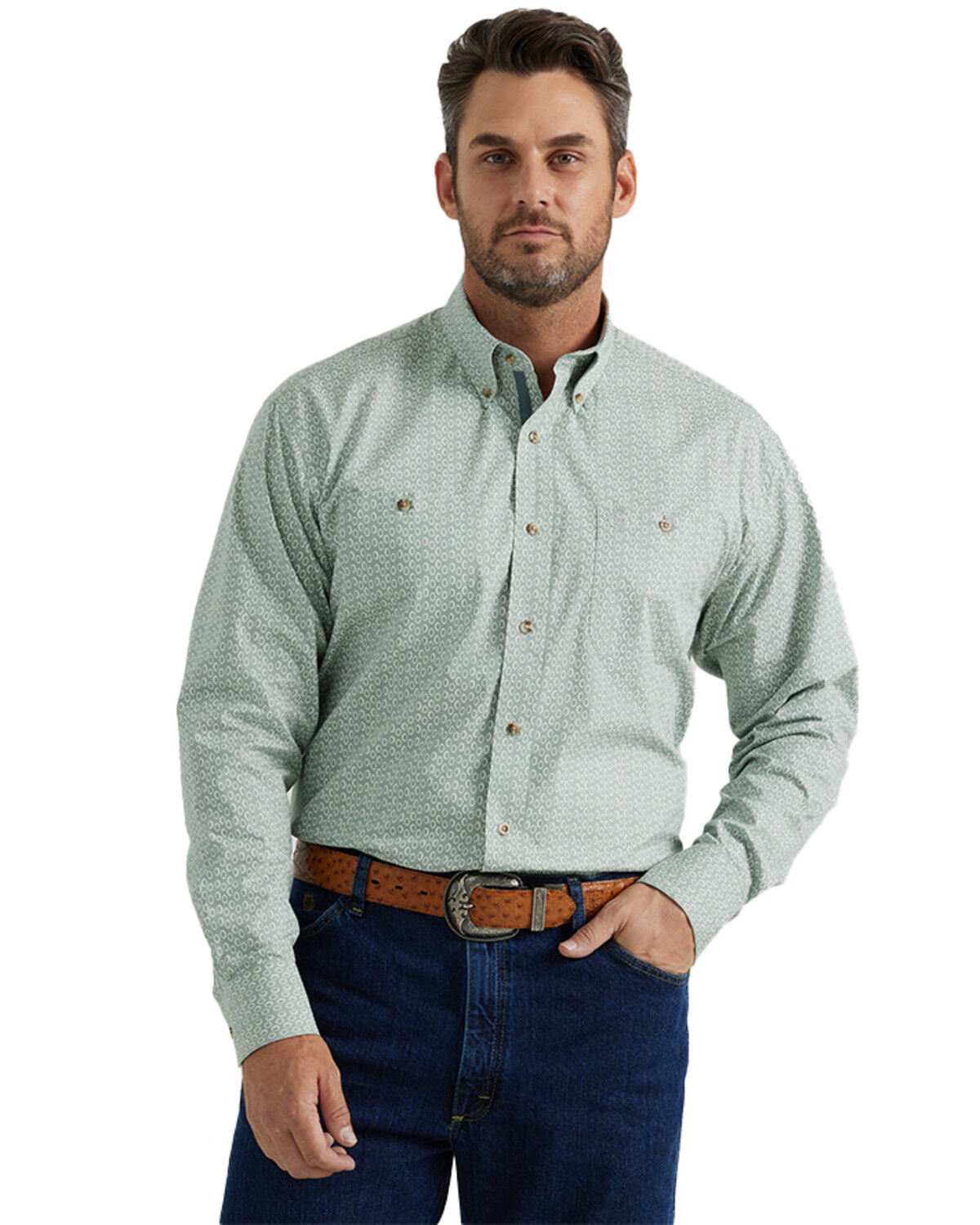 Image #1 - George Strait by Wrangler Men's Geo Print Long Sleeve Button-Down Stretch Western Shirt, Light Grey, hi-res