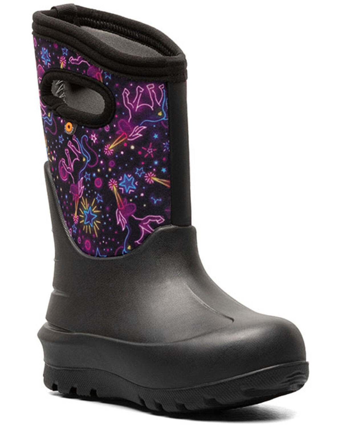 Image #1 - Bogs Girls' Neon Neon Unicorn Waterproof Boots - Round Toe, Black, hi-res