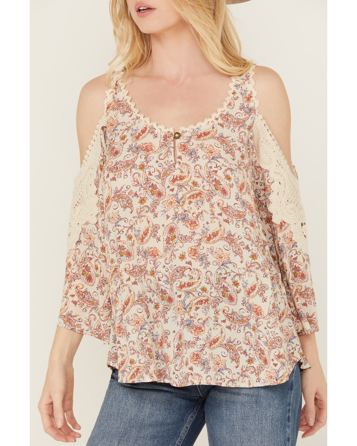 Image #3 - Wild Moss Women's Floral Print Cold Shoulder Top, Ivory, hi-res