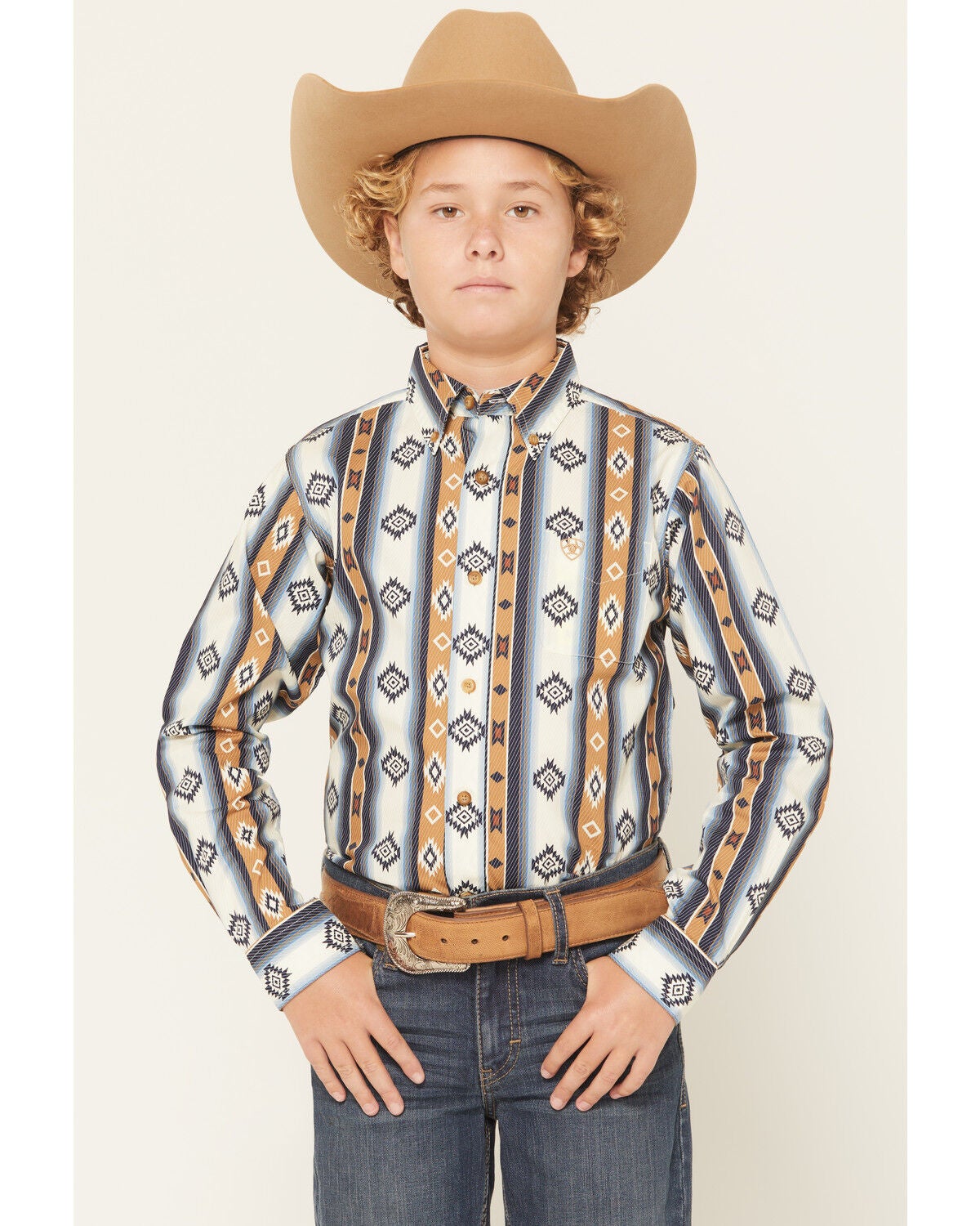 Ariat Boys' Striped Southwestern Long Sleeve Button-Down Western Shirt, Blue, hi-res