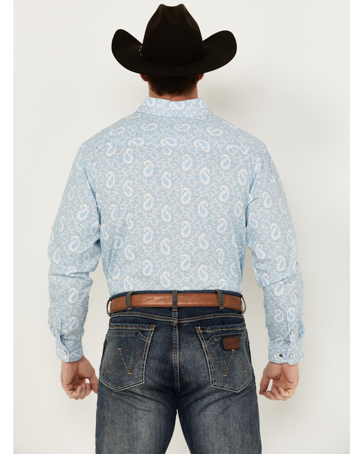 Image #4 - Panhandle Men's Paisley Print Long Sleeve Pearl Snap Western Shirt, Light Blue, hi-res