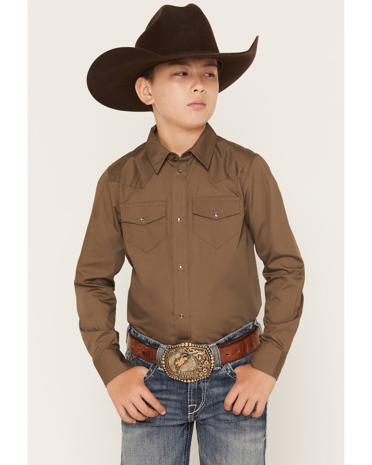 Image #1 - Gibson Trading Co Boys' Solid Long Sleeve Snap Western Shirt, Chocolate, hi-res