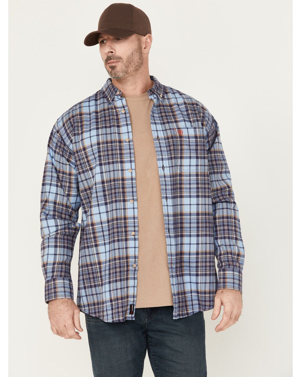 Ariat Men's FR Cienega Plaid Print Long Sleeve Button-Down Work Shirt, Indigo, hi-res