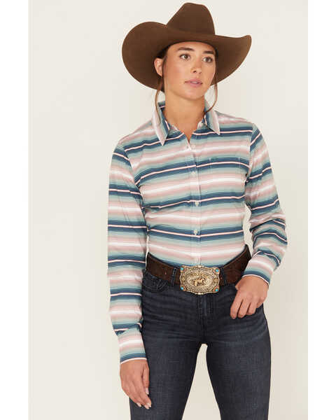 Ariat Women's Serape Stripe Long Sleeve Button-Down Kirby Stretch Shirt, Teal, hi-res