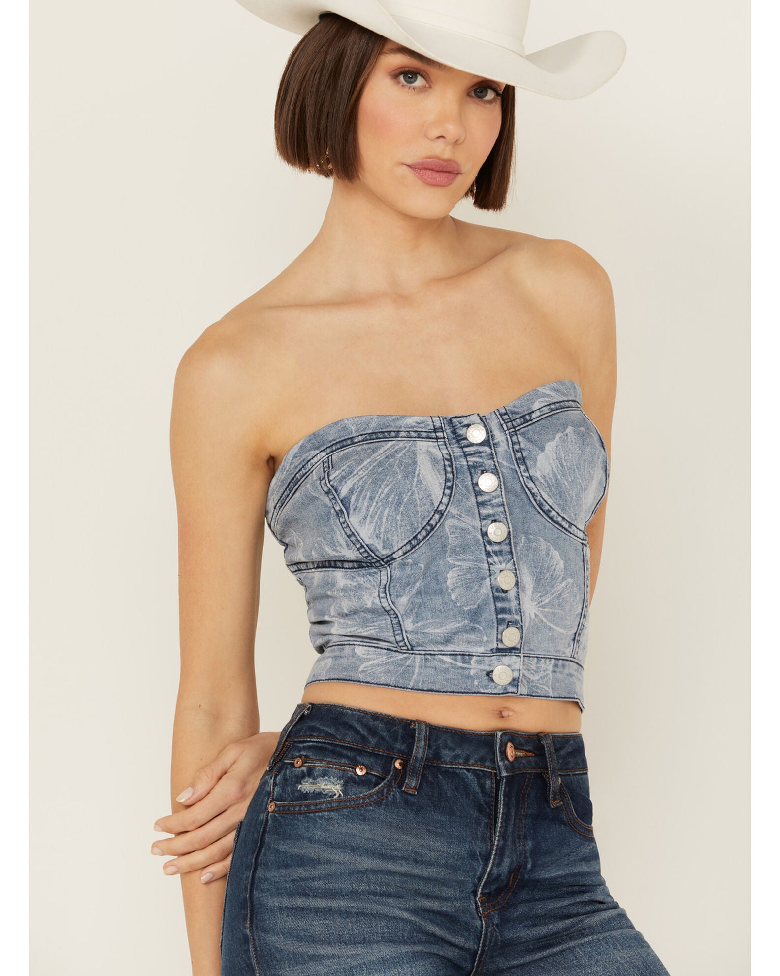 Product Name: Vibrant Denim Women's Medium Wash Button Up Floral Corset