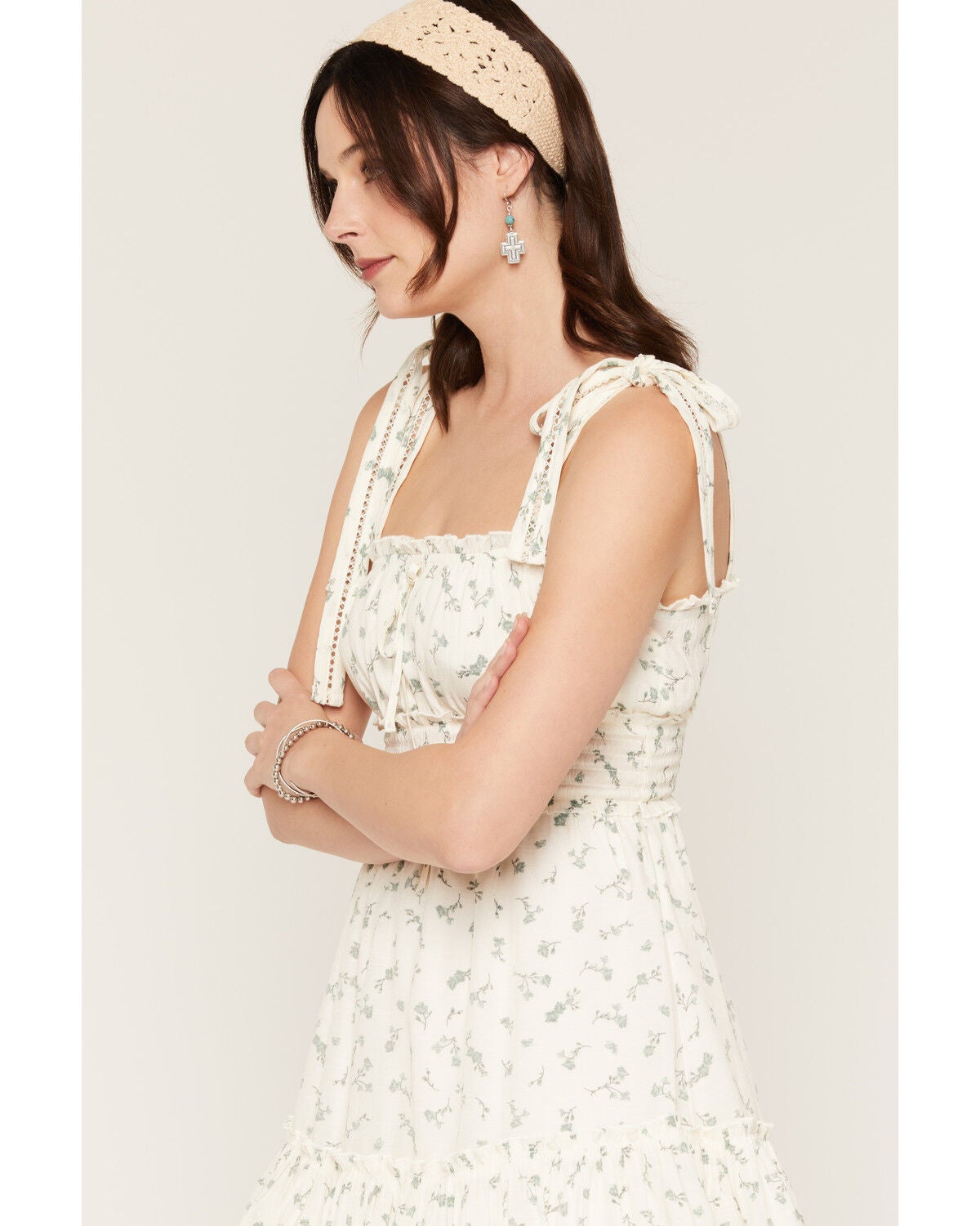 Image #2 - Ash & Violet Women's Floral Print Sleeveless Bow Strap Mini Dress, Ivory, hi-res