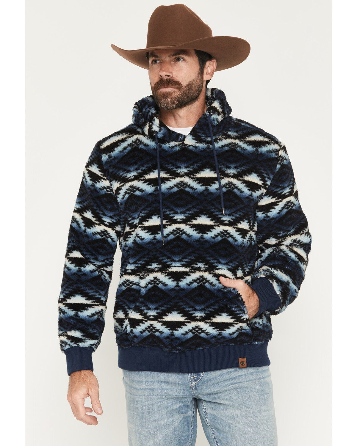Image #1 - Rock & Roll Denim Men's Southwestern Print Berber Hooded Sweatshirt, Blue, hi-res